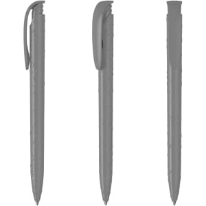 Three grey plastic pens displayed from different angles, featuring a sleek design and a clip.