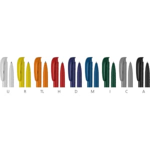 A collection of plastic pens in various colours including white, orange, green, blue, red, and black, featuring different nib designs.