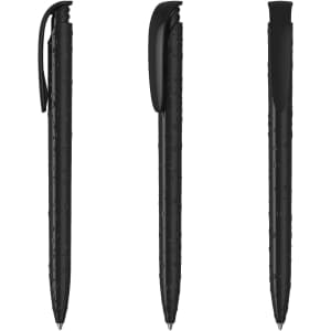 A high-gloss black plastic pen with a textured grip and a discreet logo. Includes three different views.