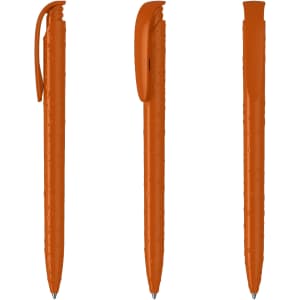 An orange high gloss plastic pen featuring a textured grip and a clip attached to the side.