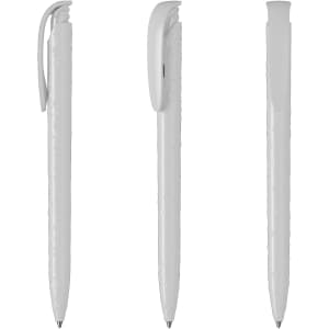 A high gloss white plastic pen featuring a sleek design and a clip. The pen has a branding logo on it.