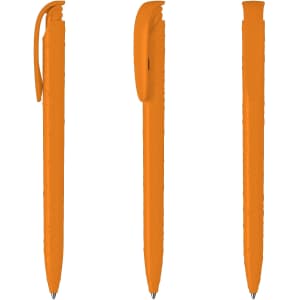 Three plastic pens in a vibrant orange colour, featuring a clip and a smooth design. Each pen is shown from different angles.