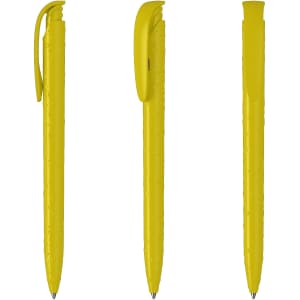 A set of bright yellow plastic pens with textured grips, showcasing different angles and a logo on the body.