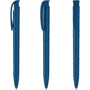 A collection of blue plastic pens with high gloss finishes and unique textured grips. Each pen features a clip.