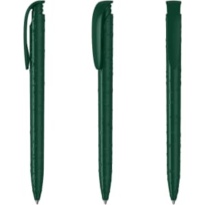 A green plastic pen with a glossy finish, featuring a clip and a sleek design. It has a logo on the body.