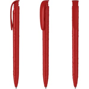 A set of three high gloss red plastic pens with a textured grip and a clip on one side.