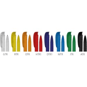 A collection of plastic pens in various colours including white, yellow, orange, red, blue, green, and black, featuring different designs.
