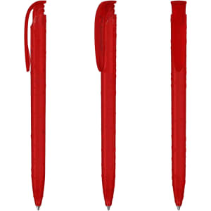 A set of transparent red plastic pens with a comfortable grip and a click mechanism.