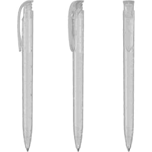 A set of transparent plastic pens in various angles, featuring a clip and a smooth barrel design.