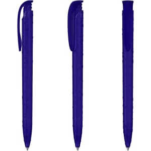 Three transparent plastic pens in vibrant shades of blue, featuring a clip and textured grip.