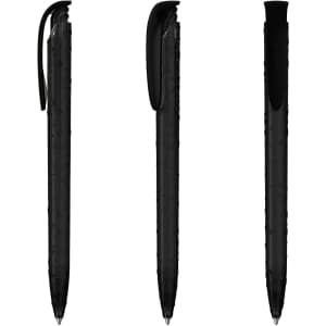 A set of three black plastic pens with translucent features and clip designs, showcasing different angles.