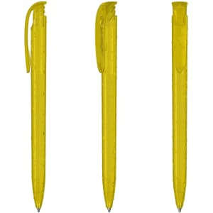 A set of three translucent yellow plastic pens, featuring a clip and a sleek design. Each pen has a rounded tip.