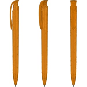 Three transparent orange plastic pens arranged in different positions, showcasing their design and features.