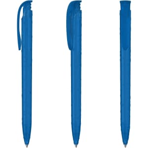 A blue transparent plastic pen with a clip, featuring a smooth barrel design and a rounded tip.
