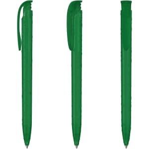 A transparent green plastic pen displayed in three positions, showcasing its design and clip feature.