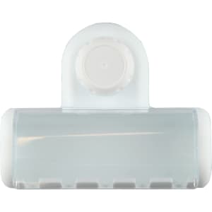 A clear plastic toothbrush holder with a white top and a circular attachment. It features multiple slots for toothbrushes.