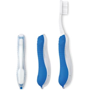 A blue and white toothbrush features a protective case and a compact design for easy storage.