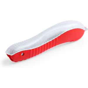 A toothbrush featuring a white and red design, with a curved handle and a textured grip. It has a logo on the side.
