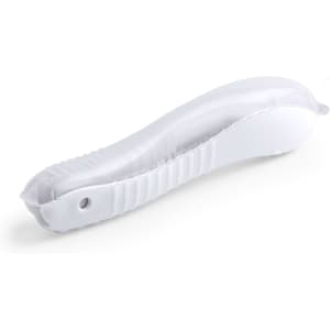A white toothbrush with a curved design and a textured grip for comfort. It features a branding logo.