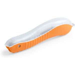 An orange and white toothbrush with a textured grip and a curved design. It features a branding logo on the handle.