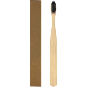 A bamboo toothbrush with a long handle and black bristles, beside a simple brown packaging box.
