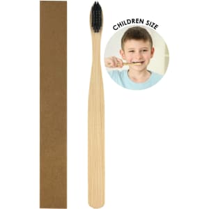 A bamboo toothbrush for kids with a natural finish and black bristles, packaged in a simple cardboard box.