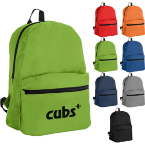 A green backpack with a front pocket, accompanied by examples in red, orange, blue, dark blue, grey, and black.