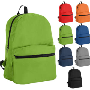 A green backpack with a front zip pocket, displayed alongside red, orange, blue, navy, grey, and black variations.