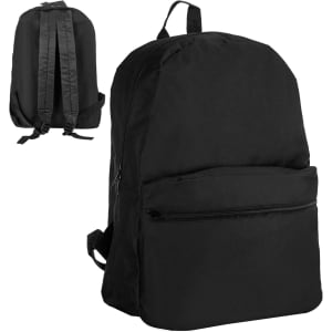 A black backpack featuring adjustable straps, a front pocket, and a simple design. It includes a logo.