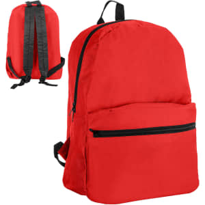 A red backpack with black accents and a front pocket, featuring adjustable shoulder straps and a logo.