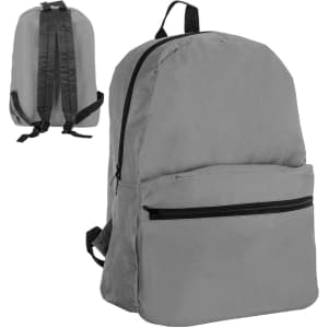 A grey backpack with a front pocket and adjustable straps, featuring a logo on the front.