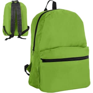 A green backpack featuring adjustable black straps and a front zip pocket, with a simple design and no visible branding.