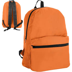 An orange backpack with black straps and a front zip pocket, featuring a logo.
