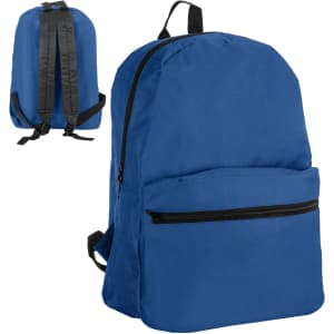 A blue backpack with black straps and a front zippered pocket, featuring a simple design and a logo.