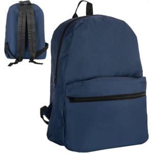 A navy blue backpack with a zippered front pocket and adjustable black straps, featuring a simple logo.