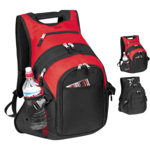 A red and black deluxe computer backpack featuring multiple compartments and a side pocket for a drink bottle.
