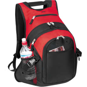 A red and black deluxe computer backpack featuring multiple zippers and a side pocket with a drink bottle.