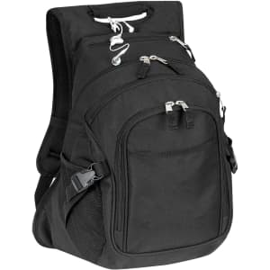 A black deluxe computer backpack with multiple zippered compartments and adjustable straps. Features a logo.