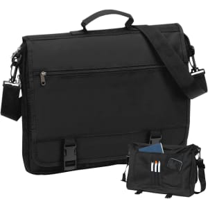 A black briefcase with a shoulder strap, featuring multiple compartments and a branded logo.