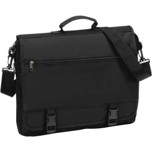 A black briefcase with a shoulder strap, front zip pocket, and two clasps for closure. It has a logo.