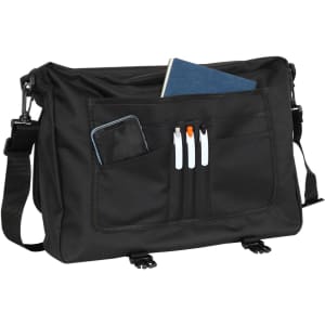 A black briefcase featuring multiple pockets, a notebook, pens, and a smartphone visible in the front.