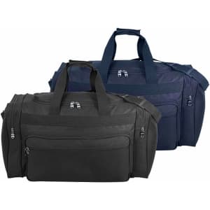 Two duffle bags in black and navy blue, featuring zippers, handles, and a logo.
