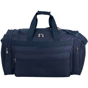 A navy duffle bag featuring dual handles, a shoulder strap, and multiple zippered compartments. Includes a logo.