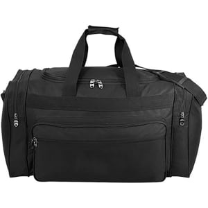 A black duffle bag with multiple zippered compartments and sturdy handles, featuring a shoulder strap and a logo.