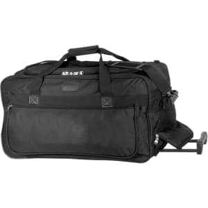 A black rolling duffle bag with handles and a retractable handle, featuring a side pocket and a logo.