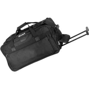 A black rolling duffle bag with extended handles and wheels, featuring a side pocket and a logo.