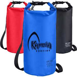A blue, red, and black dry bag, each featuring a strap and a logo, designed for keeping contents dry.