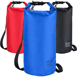 Three 10L dry sacks in red, blue, and black, each with a strap and a logo.
