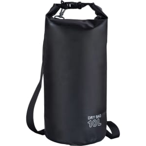 A black 10L dry sack with a shoulder strap and a logo. Suitable for waterproof storage.