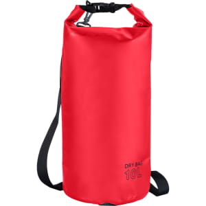 A red 10L dry sack with a shoulder strap and a logo. Perfect for keeping contents dry in wet conditions.